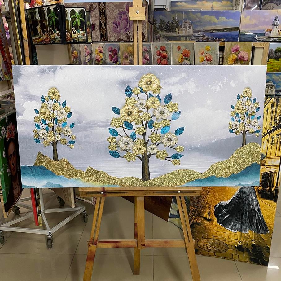 Gold Sim İşlemeli Üç Ağaç Kanvas TabloGold Sim İşlemeli Üç Ağaç Kanvas TabloSimli Çiçek Tabloları