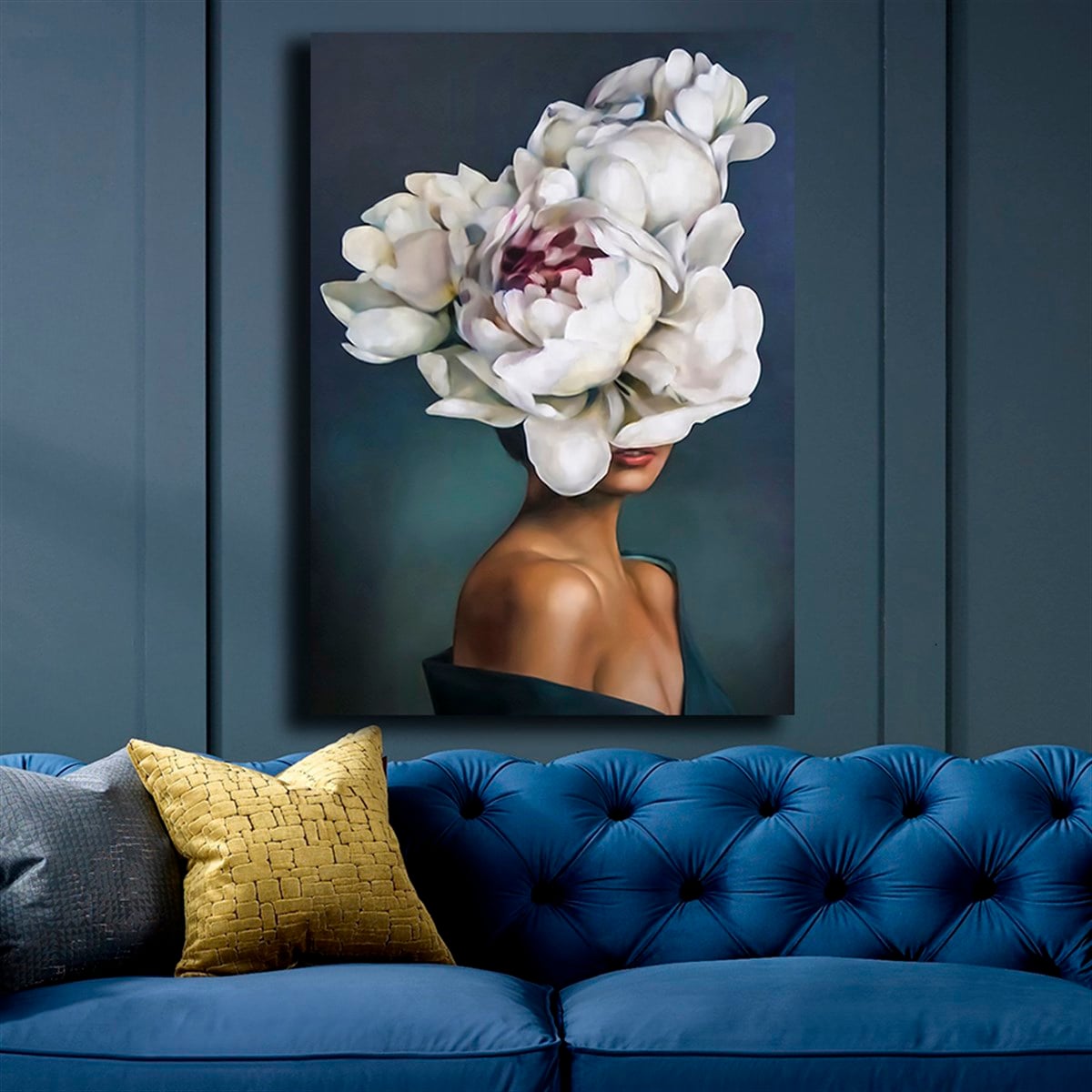 Kanvas Tablo Beyaz Çiçek Başlı Kadın | Çerçeveli Flower WomanKanvas Tablo Beyaz Çiçekli KadınKanvas Kadın Tabloları