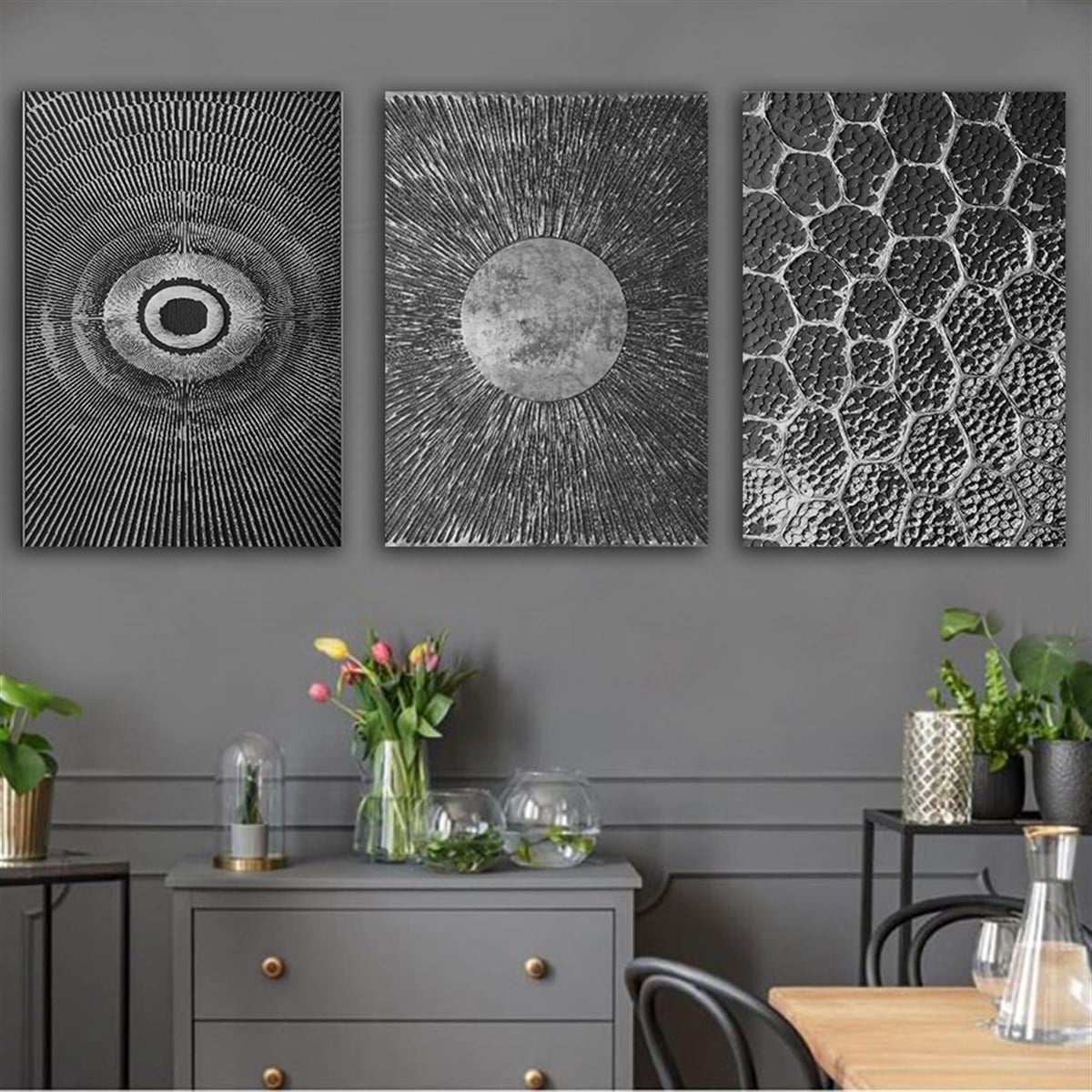 Kanvas Tablo Gümüş 3 lü Set 25 Soyut Kanvas Tablo Seti | Çerçeveli Modern Tablo Modelleri 3 lü Kanvas Tablo KARAHAN ÇERÇEVE ve KANVAS TABLO