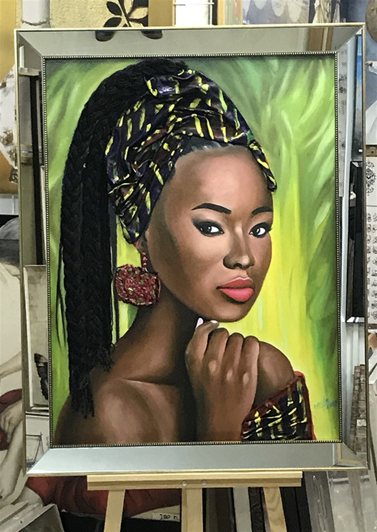 Yağlı Boya Dokulu Kumaş Kabartmalı Tablo Örme Saçlı Afrikalı Kız