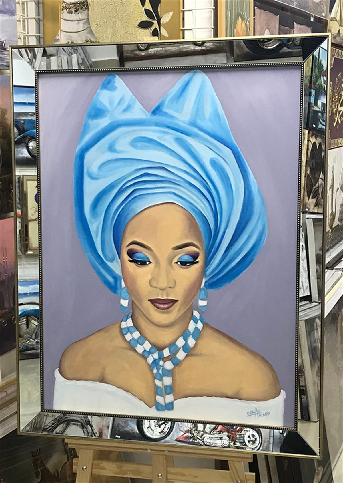 Yağlı Boya Tablo Mavi Eşarplı Kadın