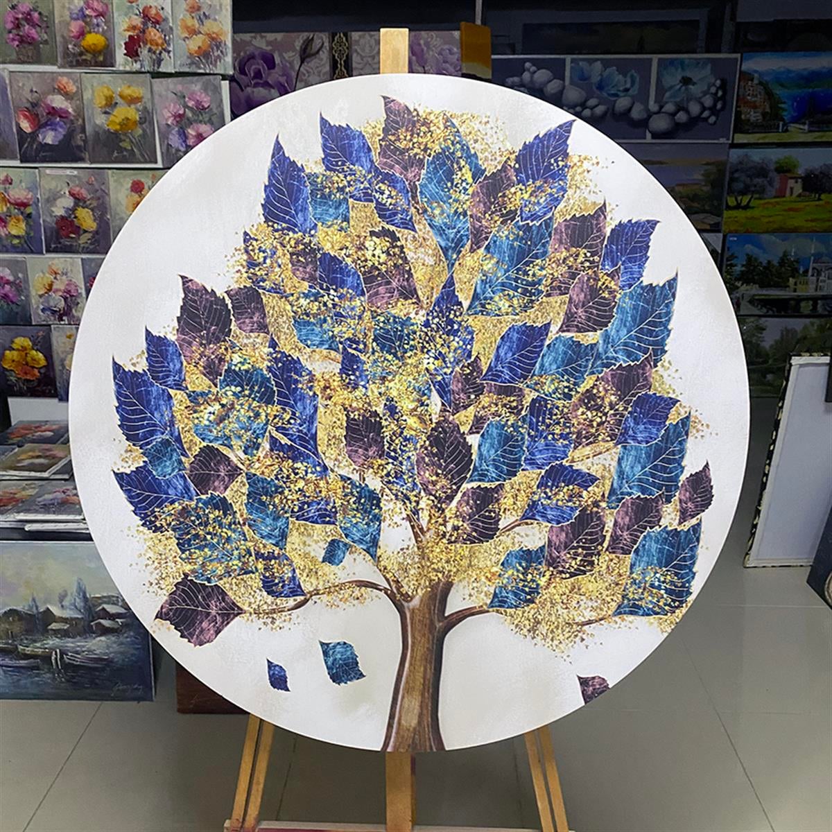 Yuvarlak Kanvas Tablo Modern Mavi Sarı AğaçYuvarlak Kanvas Tablo Modern Mavi Sarı AğaçYuvarlak Kanvas Tablo