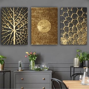 Kanvas Tablo Altın 3 lü Set 7 Soyut Kanvas Tablo Setleri | Çerçeveli Modern Tablo Modelleri 3 lü Kanvas Tablo KARAHAN ÇERÇEVE ve KANVAS TABLO