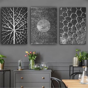 Kanvas Tablo Gümüş 3 lü Set 7 Soyut Kanvas Tablo Setleri | Modern Çerçeveli Tablo Modelleri 3 lü Kanvas Tablo KARAHAN ÇERÇEVE ve KANVAS TABLO