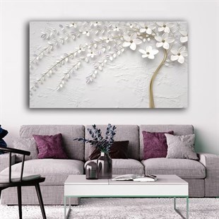 Kanvas Tablo Yatay Altın Saplı Beyaz Çiçekler Kanvas Çiçekli Tablo Modelleri | Yatay Altın Saplı Beyaz Çiçekler Kanvas Çiçek Tabloları KARAHAN ÇERÇEVE ve KANVAS TABLO