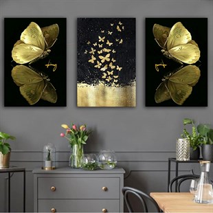 Kelebek Kanvas Tablo Altın 3 Parça Set 82 Kelebek Tablo Modelleri | Çerçeveli Modern Kanvas Tablo Seti 3 lü Kanvas Tablo KARAHAN ÇERÇEVE ve KANVAS TABLO