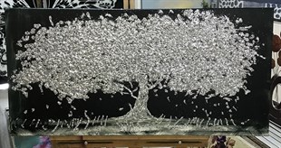 Siyah Zeminde Gümüş Simli Ağaç Kanvas Tablo