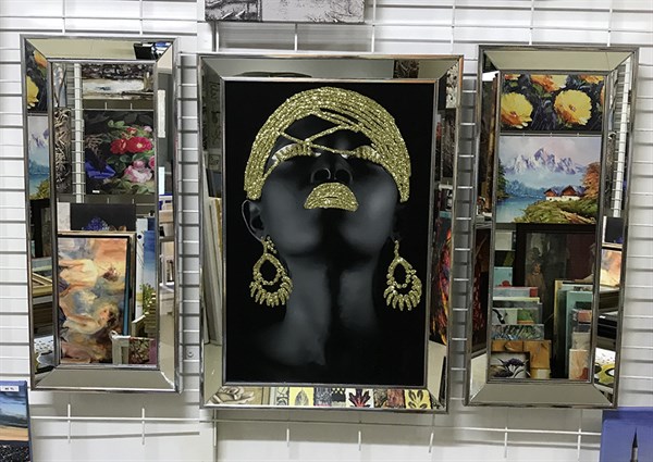 Ayna Çerçeveli Kanvas Tablo Altın Simli Siyahi Afrikalı Kadın 3 Lü Set