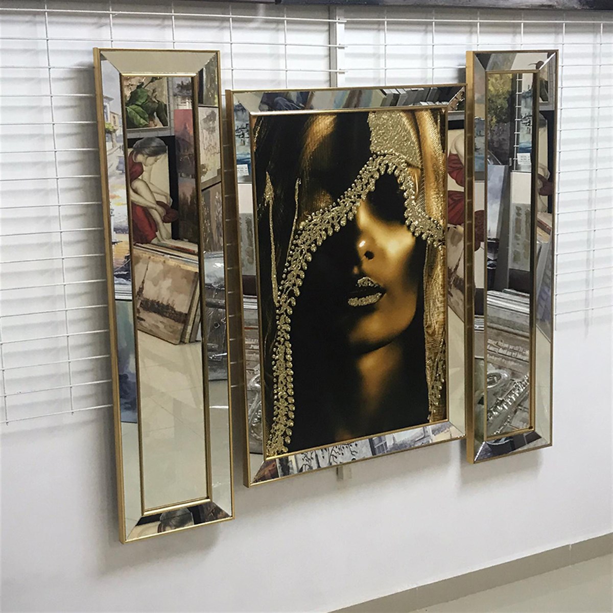 Ayna Çerçeveli Gold Simli Afrikalı Kadın Tablo Seti | Aynalı Tablo Modelleri