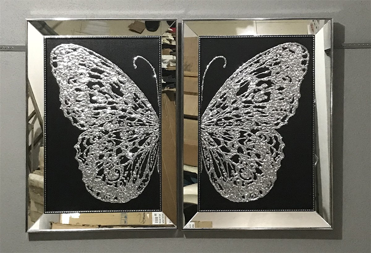 Ayna Çerçeveli Gümüş Simli Kelebekli Set Tablo| 2 Parçalı Kanvas Tablo