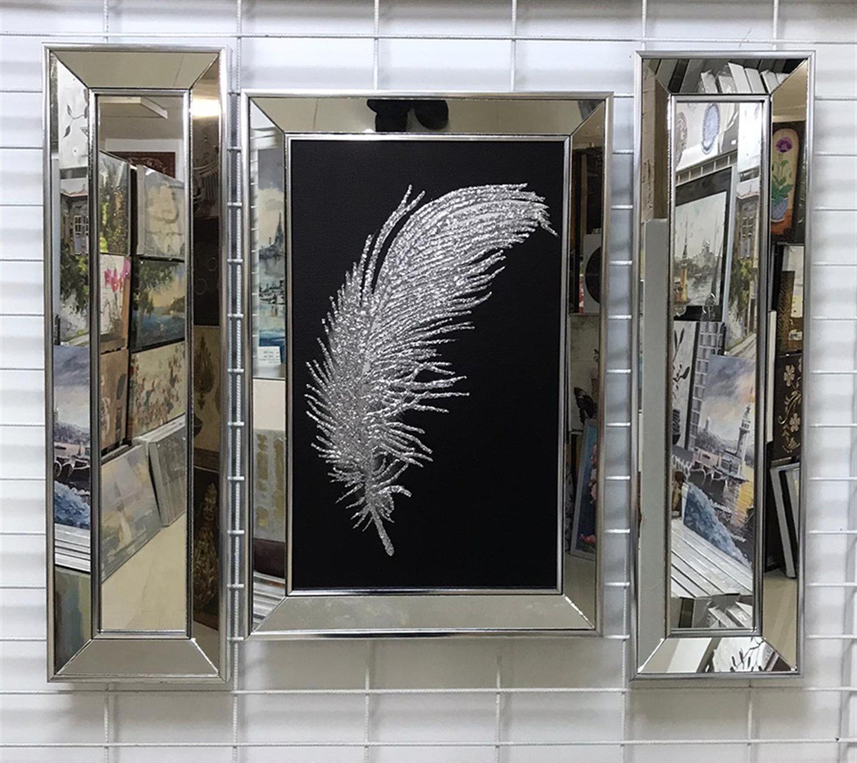 Ayna Çerçeveli Gümüş Simli Tüy Tablo Seti| Aynalı Tablo Modelleri