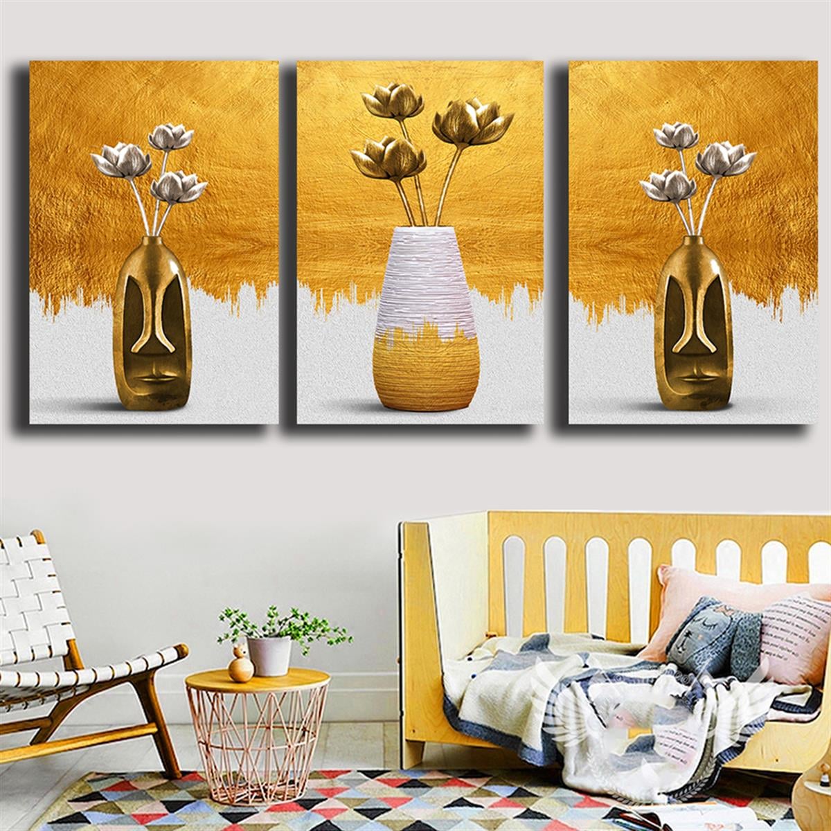 Gold Detaylı Vazodaki Çiçekler Modern Kanvas TabloGold Detaylı Vazodaki Çiçekler Modern Kanvas Tablo3 lü Kanvas Tablo