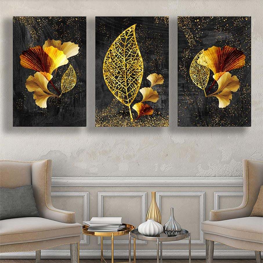 Gold Modern Çiçekler Üçlü Kanvas Tablo SetiGold Modern Çiçekler Üçlü Kanvas Tablo Seti3 lü Kanvas Tablo