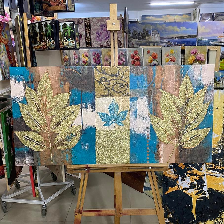 Gold Sim İşlemeli İki Modern Yaprak Kanvas TabloGold Sim İşlemeli İki Modern Yaprak Kanvas TabloSimli Çiçek Tabloları