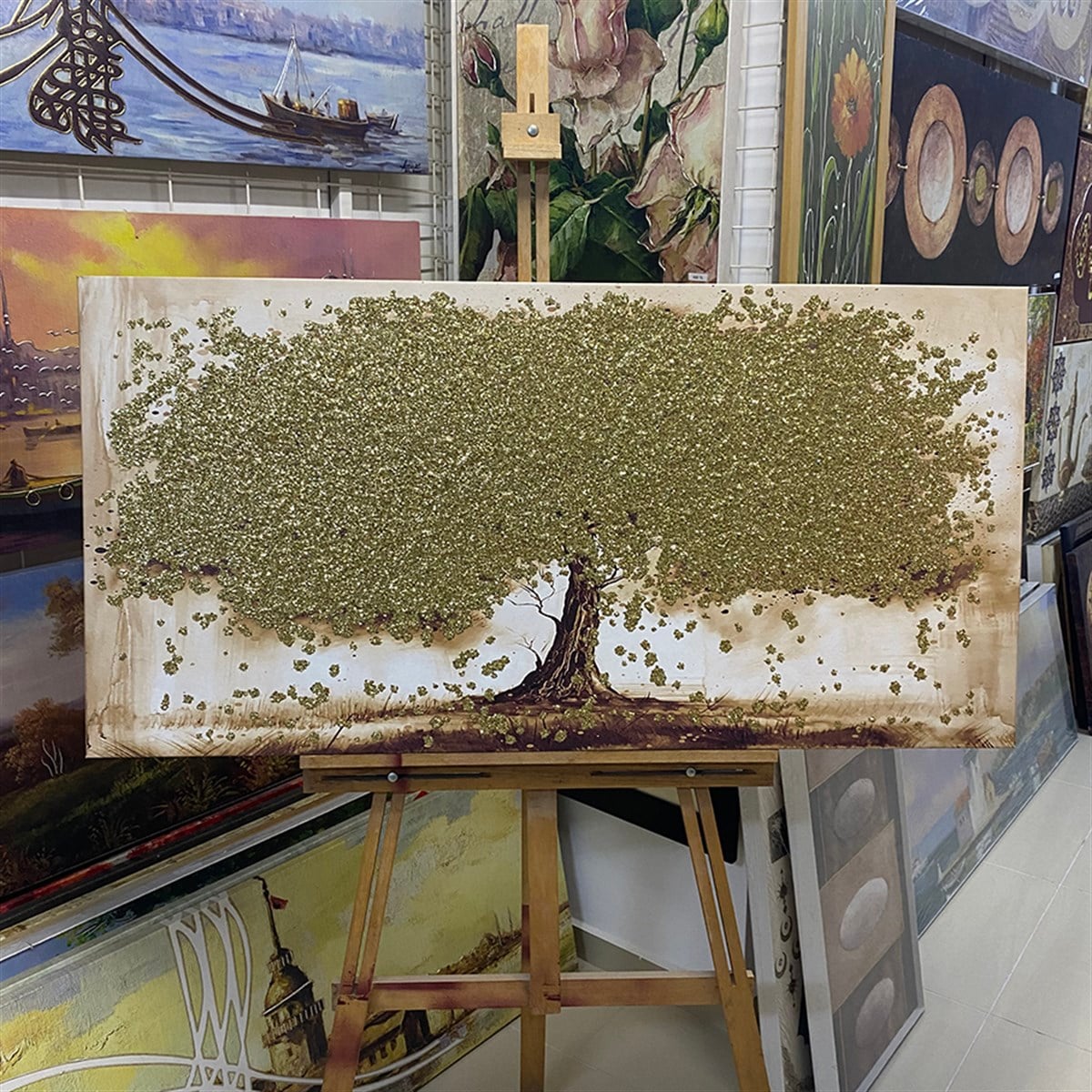 Gold Simli Yatay Ağaç Kanvas Tablo | Simli Kanvas TabloGold Simli Yatay Ağaç Kanvas TabloSimli Çiçek Tabloları