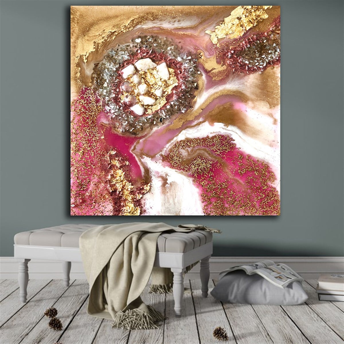 Kanvas Modern Tablo Pembe ve Altın RenklerKanvas Modern Tablo Pembe ve Altın RenklerKare Soyut Tablolar