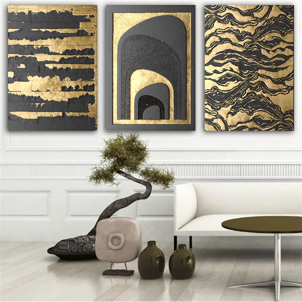 Kanvas Tablo Altın 3 lü Set 11 Soyut Kanvas Tablo Setleri | Çerçeveli Modern Tablo Modelleri 3 lü Kanvas Tablo KARAHAN ÇERÇEVE ve KANVAS TABLO