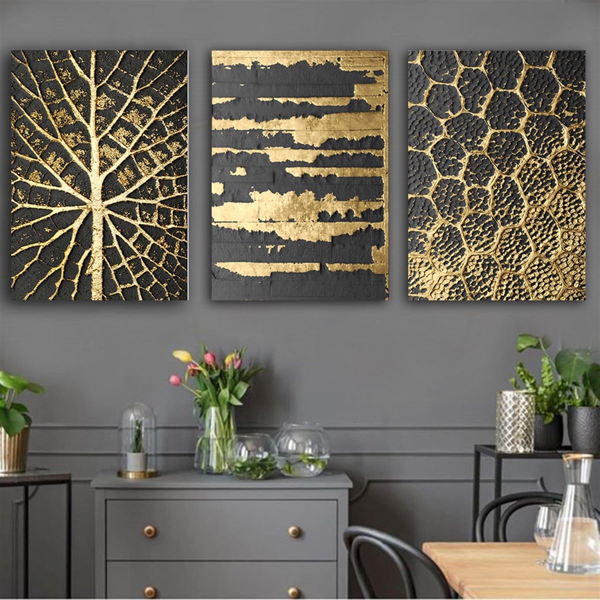 Kanvas Tablo Altın 3 lü Set 12 Soyut Kanvas Tablo Setleri | Çerçeveli Modern Tablo Modelleri 3 lü Kanvas Tablo KARAHAN ÇERÇEVE ve KANVAS TABLO