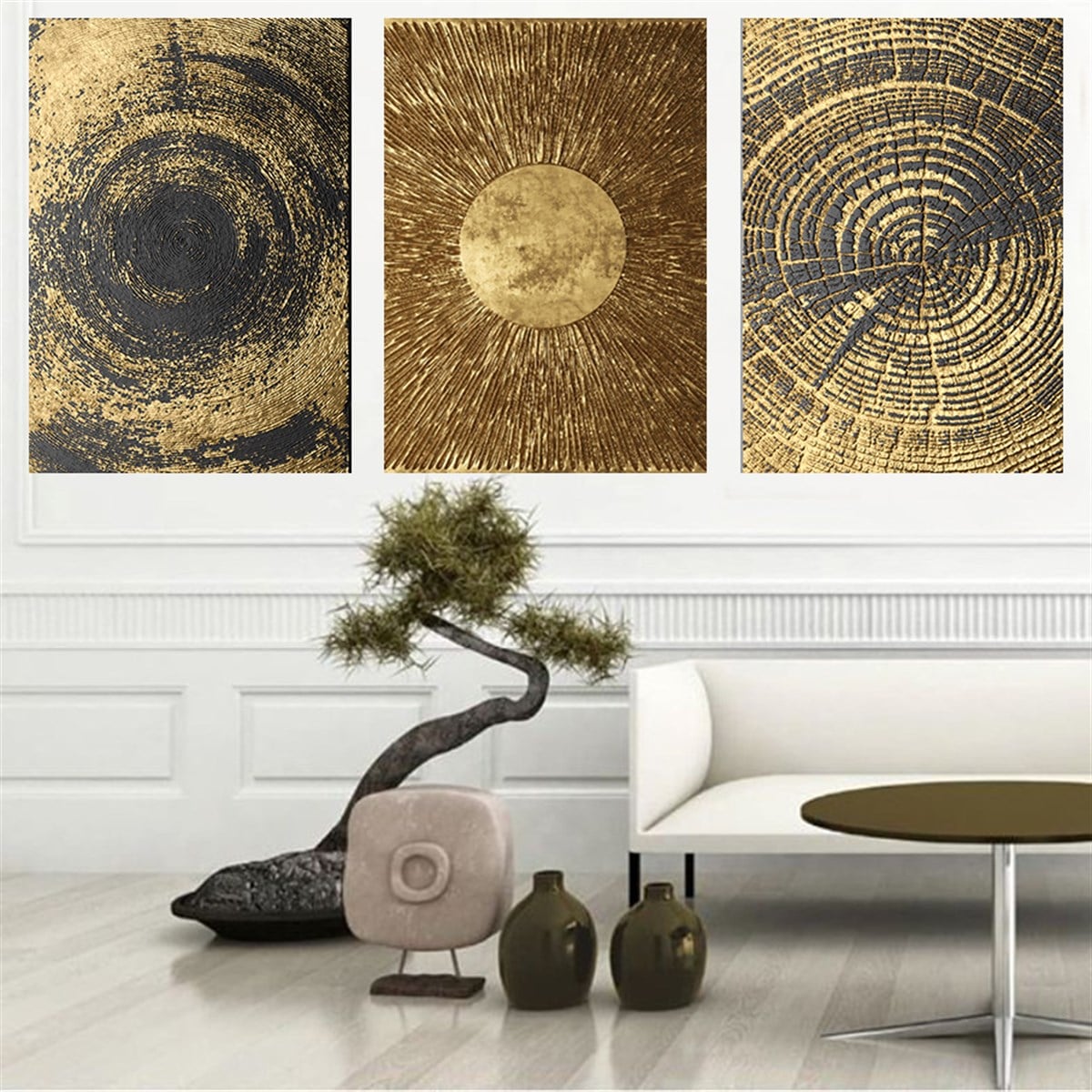 Kanvas Tablo Altın 3 lü Set 2 Soyut Kanvas Tablo Setleri | Modern Çerçeveli Tablo Modelleri 3 lü Kanvas Tablo KARAHAN ÇERÇEVE ve KANVAS TABLO