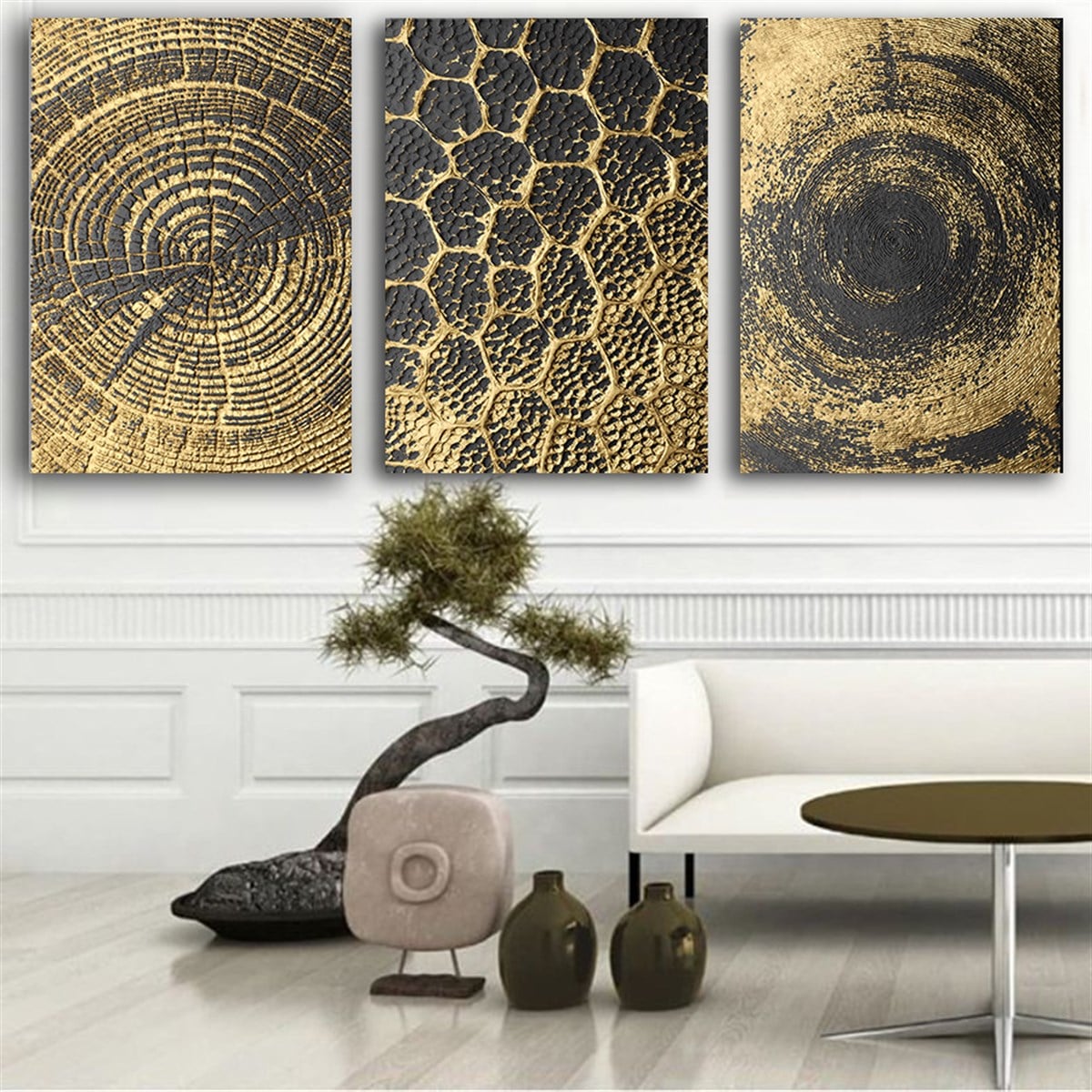 Kanvas Tablo Altın 3 lü Set 6 Soyut Kanvas Tablo Setleri | Çerçeveli Modern Tablo Modelleri 3 lü Kanvas Tablo KARAHAN ÇERÇEVE ve KANVAS TABLO