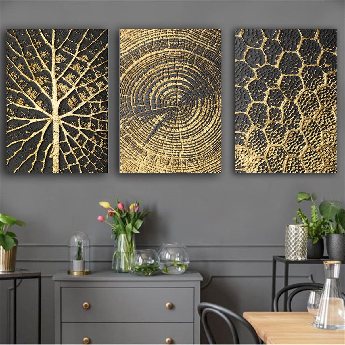Kanvas Tablo Altın 3 lü Set 8 Soyut Kanvas Tablo Setleri | Çerçeveli Modern Tablo Modelleri 3 lü Kanvas Tablo KARAHAN ÇERÇEVE ve KANVAS TABLO