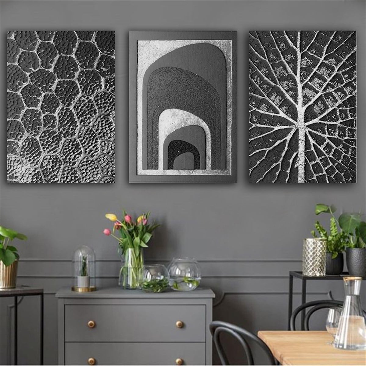 Kanvas Tablo Gümüş 3 lü Set 10 Soyut Kanvas Tablo Setleri | Çerçeveli Modern Tablo Modelleri 3 lü Kanvas Tablo KARAHAN ÇERÇEVE ve KANVAS TABLO