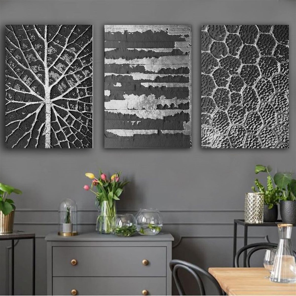 Kanvas Tablo Gümüş 3 lü Set 12 Soyut Kanvas Tablo Setleri | Çerçeveli Modern Tablo Modelleri 3 lü Kanvas Tablo KARAHAN ÇERÇEVE ve KANVAS TABLO