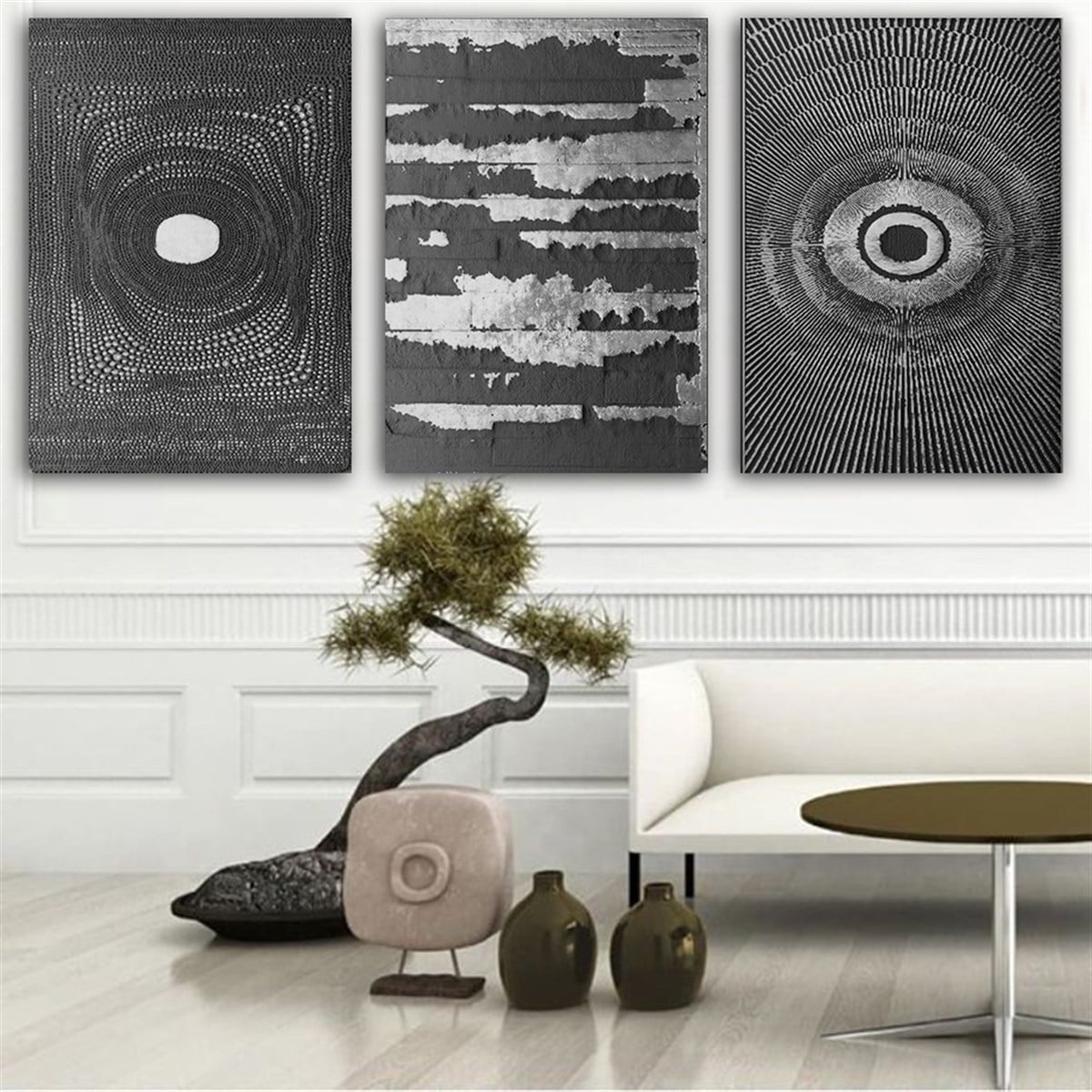 Kanvas Tablo Gümüş 3 lü Set 18 Soyut Kanvas Tablo Seti | Çerçeveli Modern Tablo Modelleri 3 lü Kanvas Tablo KARAHAN ÇERÇEVE ve KANVAS TABLO