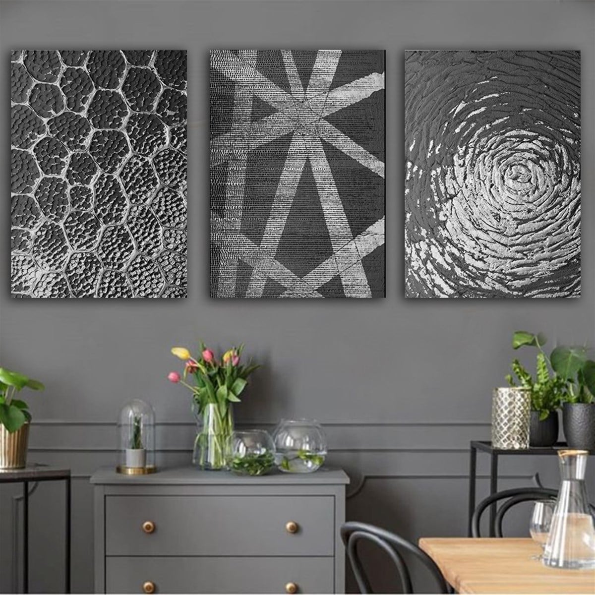 Kanvas Tablo Gümüş 3 lü Set 20 Soyut Kanvas Tablo Seti | Çerçeveli Modern Tablo Modelleri 3 lü Kanvas Tablo KARAHAN ÇERÇEVE ve KANVAS TABLO
