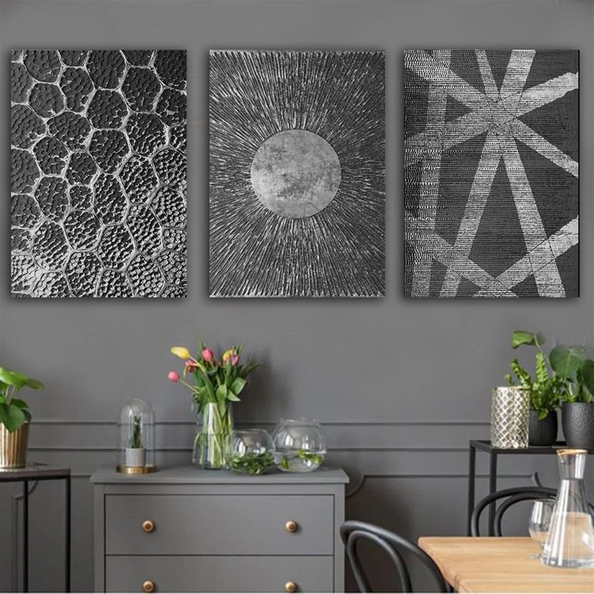 Kanvas Tablo Gümüş 3 lü Set 24 Soyut Kanvas Tablo Seti | Çerçeveli Modern Tablo Modelleri 3 lü Kanvas Tablo KARAHAN ÇERÇEVE ve KANVAS TABLO