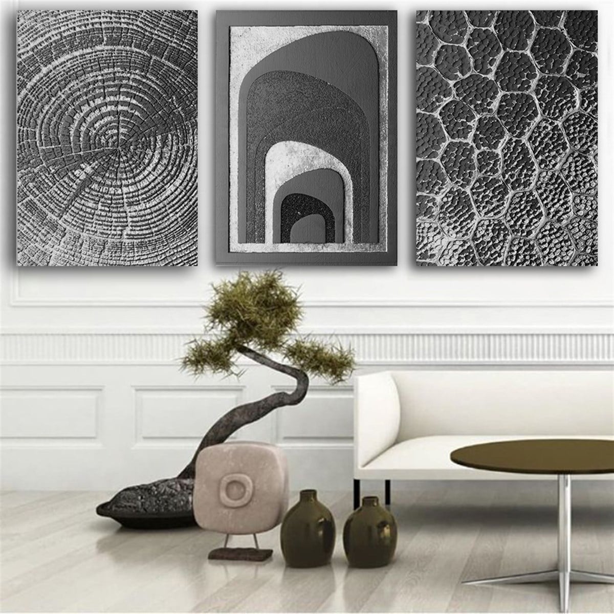 Kanvas Tablo Gümüş 3 lü Set 9 Soyut Kanvas Tablo Setleri | Çerçeveli Modern Tablo Modelleri 3 lü Kanvas Tablo KARAHAN ÇERÇEVE ve KANVAS TABLO