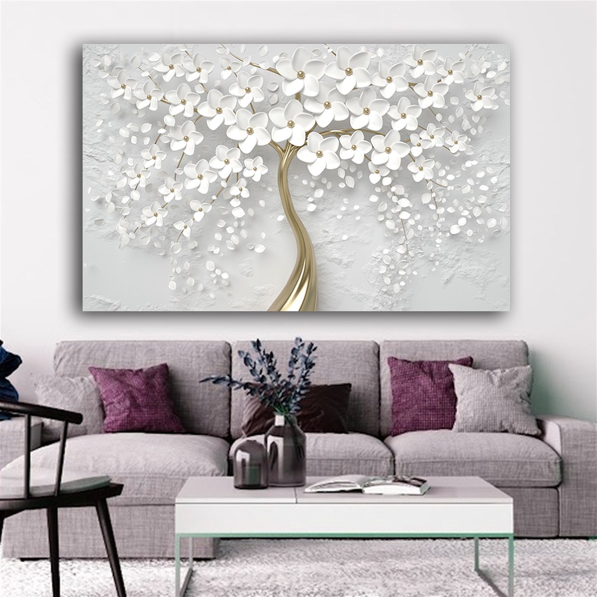 Kanvas Çiçekli Tablo Modelleri | Yatay Altın Saplı Altın Boncuklu Beyaz  Parlak Çiçek