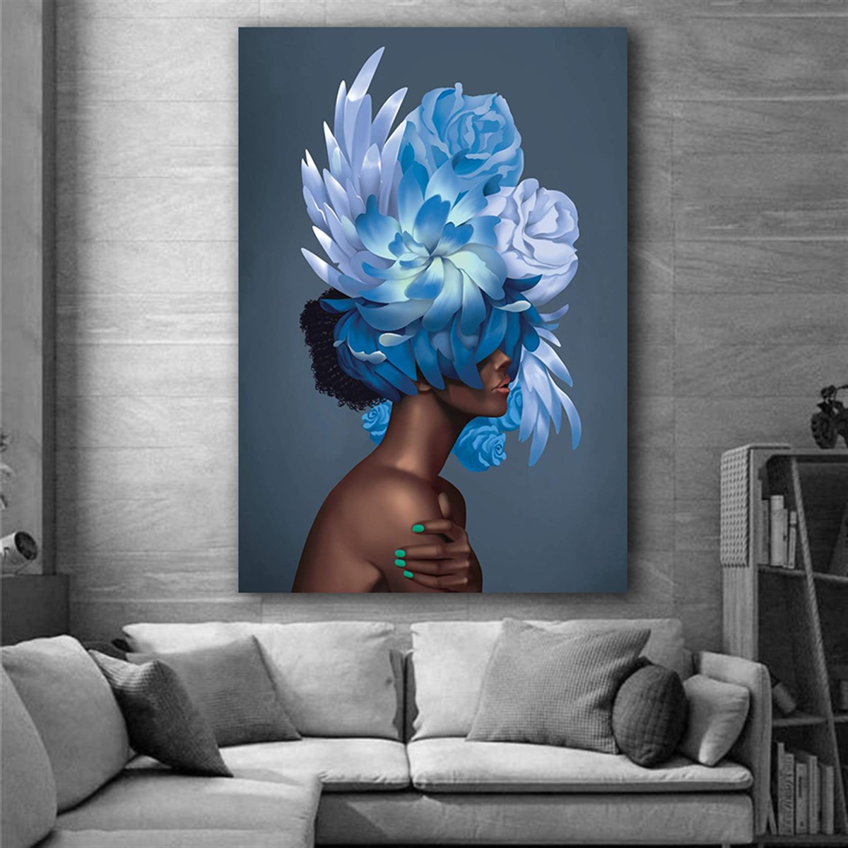Mavi Çiçek Başlı Siyahi Kadın Kanvas Tablo | Folwer Woman