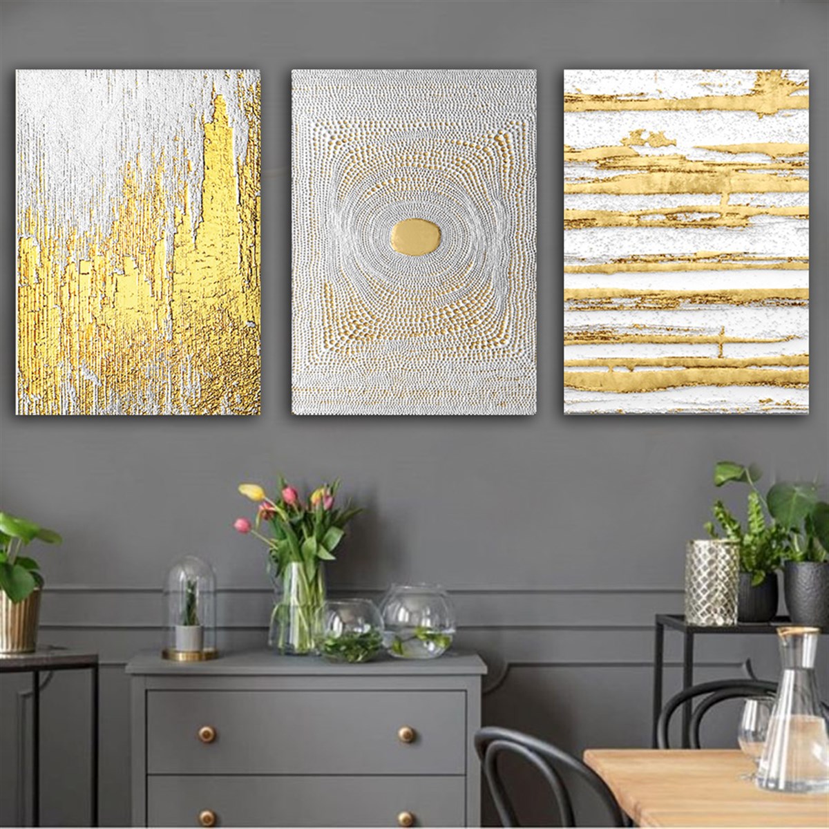 Soyut Kanvas Tablo Altın 3 Parça Set 46 Soyut Tablo Modelleri | Çerçeveli Modern Kanvas Tablo Seti 3 lü Kanvas Tablo KARAHAN ÇERÇEVE ve KANVAS TABLO