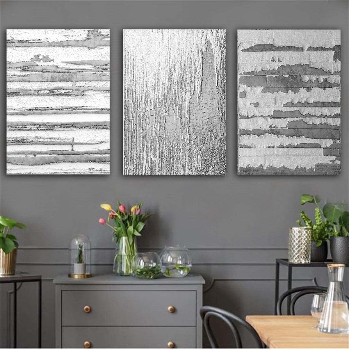 Soyut Kanvas Tablo Gümüş Parça Set 45 Soyut Tablo Modelleri | Çerçeveli Modern Kanvas Tablo Seti 3 lü Kanvas Tablo KARAHAN ÇERÇEVE ve KANVAS TABLO