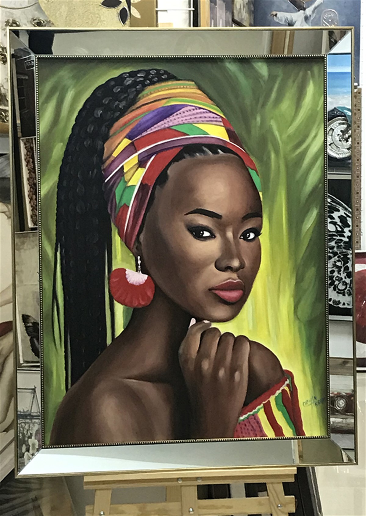 Yağlı Boya Tablo Orhan Aksoy İmzalı | Ayna Çerçeveli Renkli Bandanalı  Afrikalı Kız