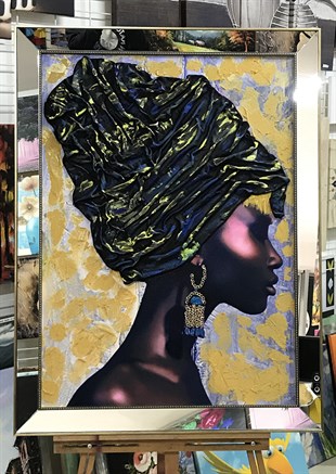 Ayna Çerçeveli Kabartmalı Kanvas Tablo Siyah Mavi Başlıklı Afrikalı Kadın