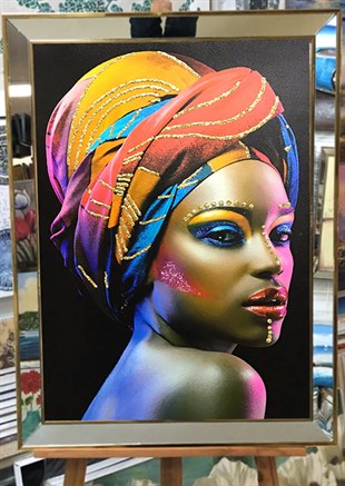 Ayna Çerçeveli Kanvas Tablo Altın Simli Afrikalı Kadın Ayna Çerçeveli, Sim İşlemeli, Afrikalı Kadın Tablo Modelleri Ayna Çerçeveli Tablolar KARAHAN ÇERÇEVE ve KANVAS TABLO