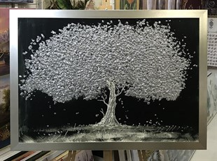 Gümüş Çerçeveli Gümüş Simli Ağaç Kanvas Tablo