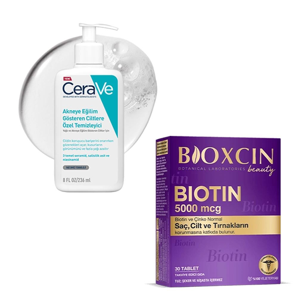 CeraVe Akneye Eğilim Gösteren Ciltlere Özel Temizleyici 236 ml + Bioxcin Biotin 5000 mcg 30 Tablet