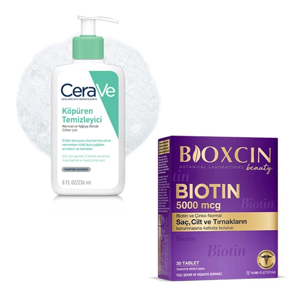 CeraVe Köpüren Temizleyici 236 ml - Normal & Yağlıya Dönük Ciltler İçin + Bioxcin Biotin 5000 mcg 30 Tablet