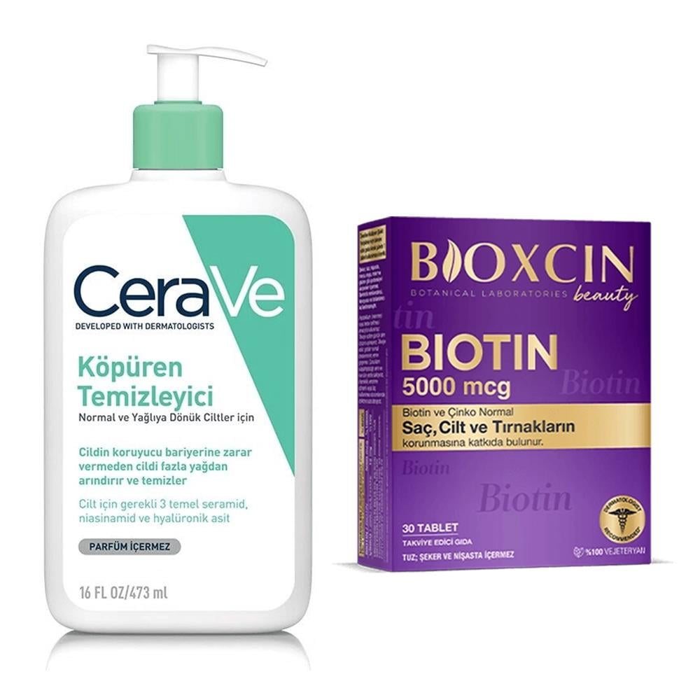 CeraVe Köpüren Temizleyici 473 ml - Normal & Yağlıya Dönük Ciltler İçin + Bioxcin Biotin 5000 mcg 30 Tablet