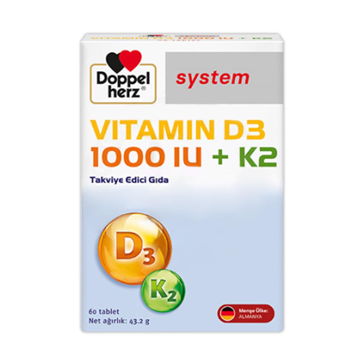 Doppelherz System Vitamin D3 1000 IU + K2 60 Tablet Vitamin Dolabı