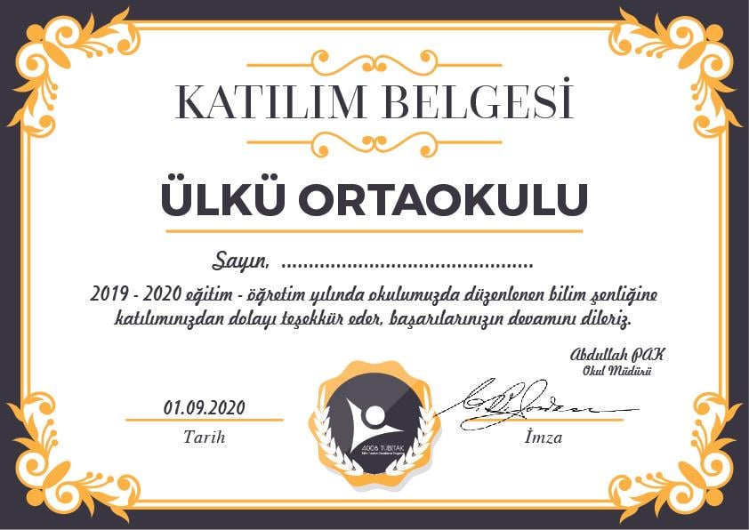 Tübitak Bilim Fuarı Katılım Belgesi BFKB 06