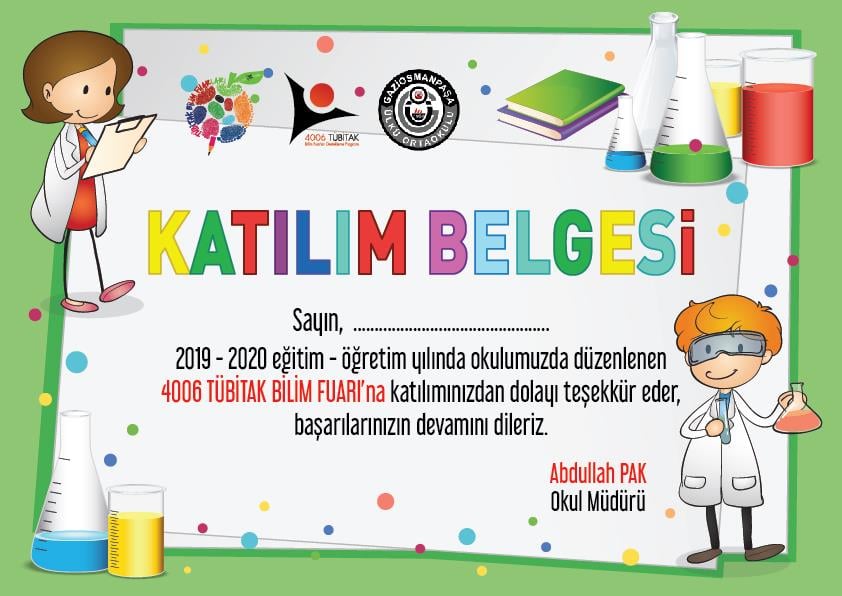 Tübitak Bilim Fuarı Katılım Belgesi BFKB 04