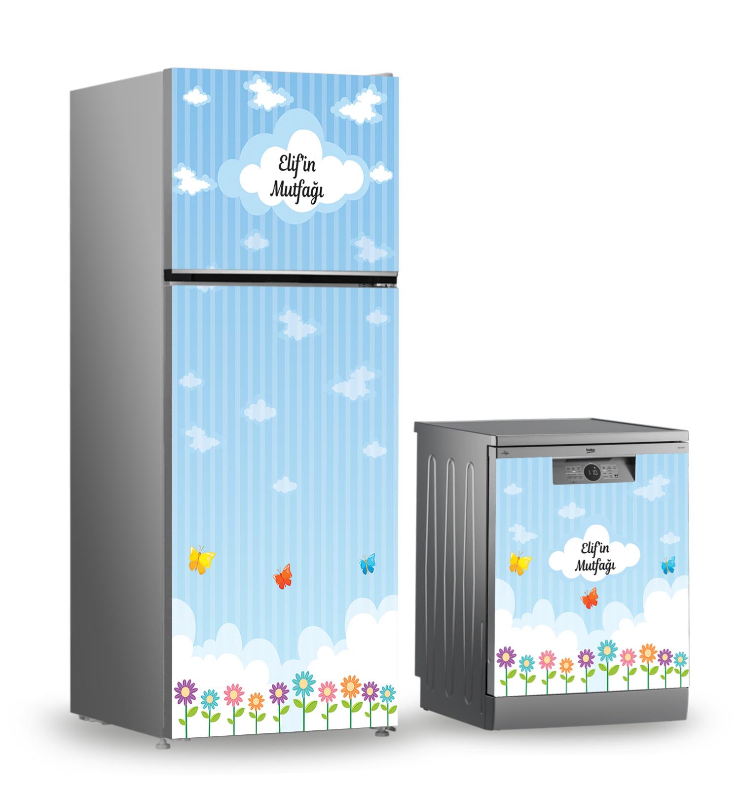 Buzdolabı ve Bulaşık Makinesi Kaplama Folyo Sticker Yeşil Yapraklı Desenli Kırmızı çiçekler 132