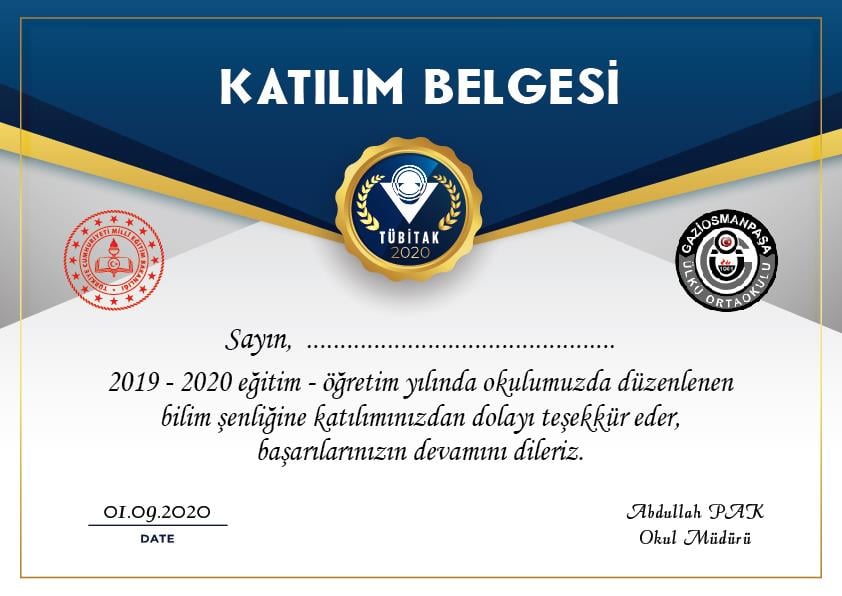 Tübitak Bilim Fuarı Katılım Belgesi BFKB 01