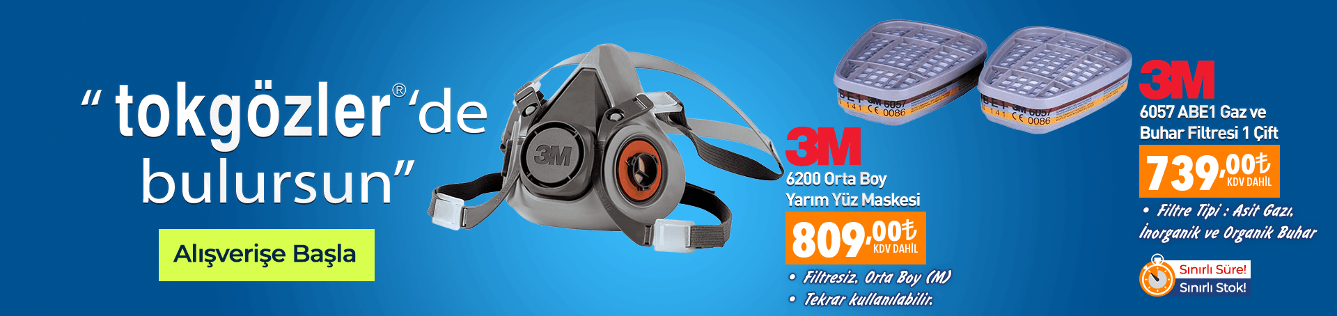 3M 6200 Orta Boy Yarım Yüz Maskesi ve 3M 6057 ABE1 Gaz ve Buhar Filtresi 1 Çift