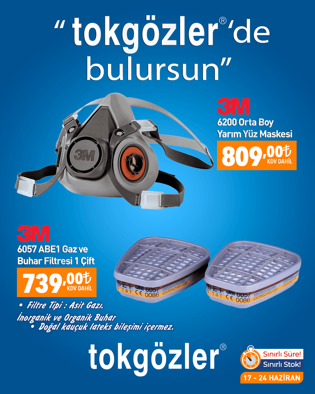 3M 6200 Orta Boy Yarım Yüz Maskesi ve 3M 6057 ABE1 Gaz ve Buhar Filtresi 1 Çift