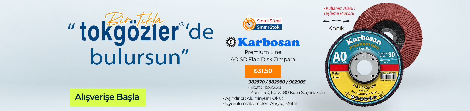 B1000354 - 08.05.2024 - Karbosan 115x22.23 Premium Line AO SD Flap Disk Zımpara 40-60-80P Kum